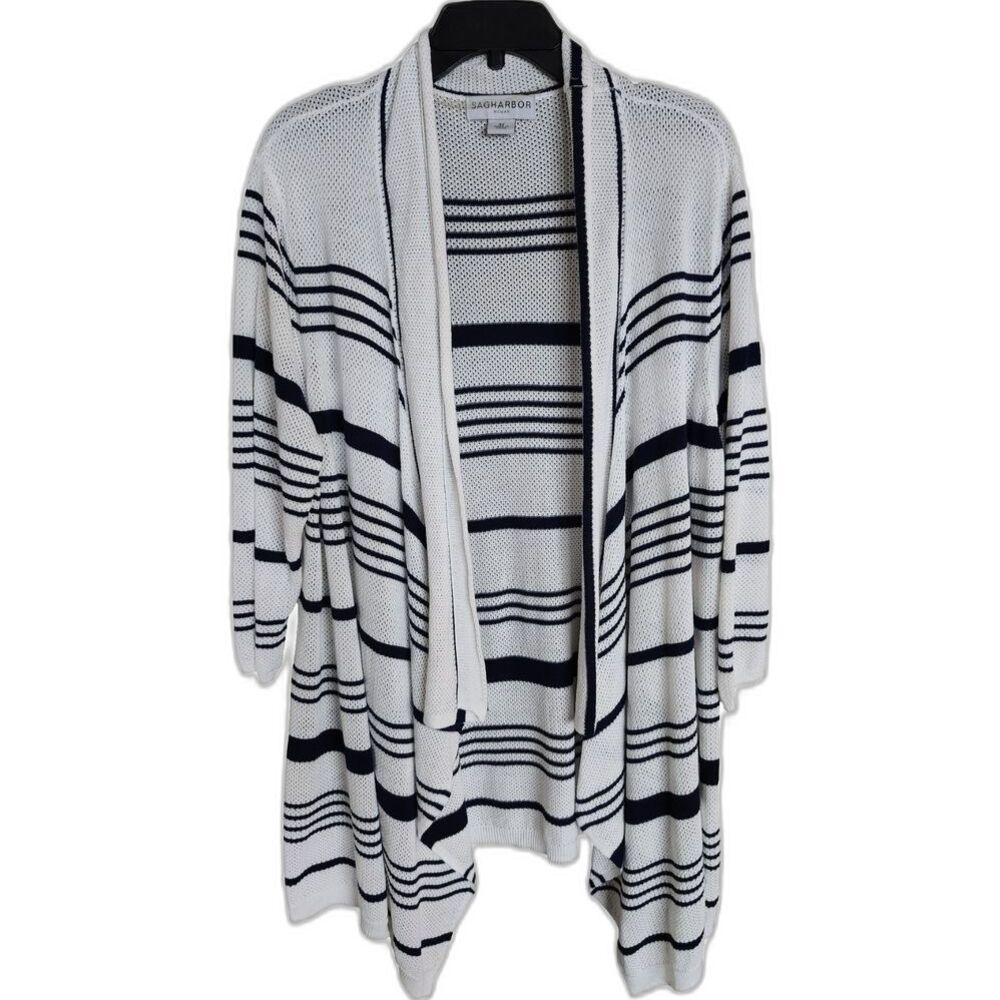 Sag Harbor White & Navy Striped Open-Front Sweater Cardigan 3X